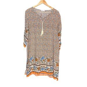 HOTOUCH Womens Large Boho Floral Dress Tassel Tie Bell Sleeve Knee Length NWT